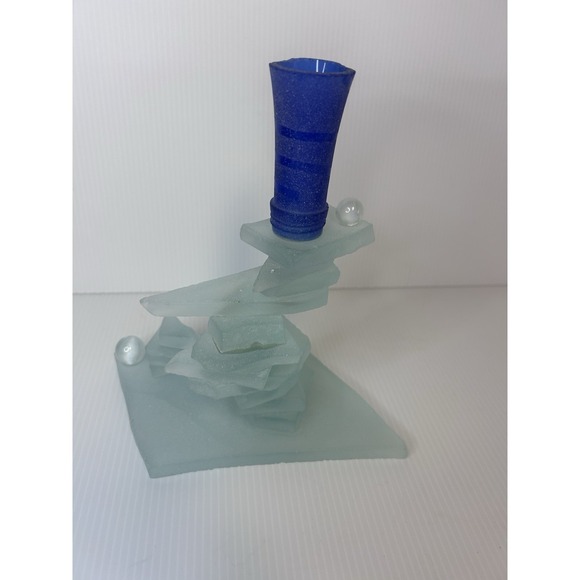 Modern Abstract Stacked Glass Candlestick Holder Blue Clear Frosted 7.5" - Picture 4 of 7